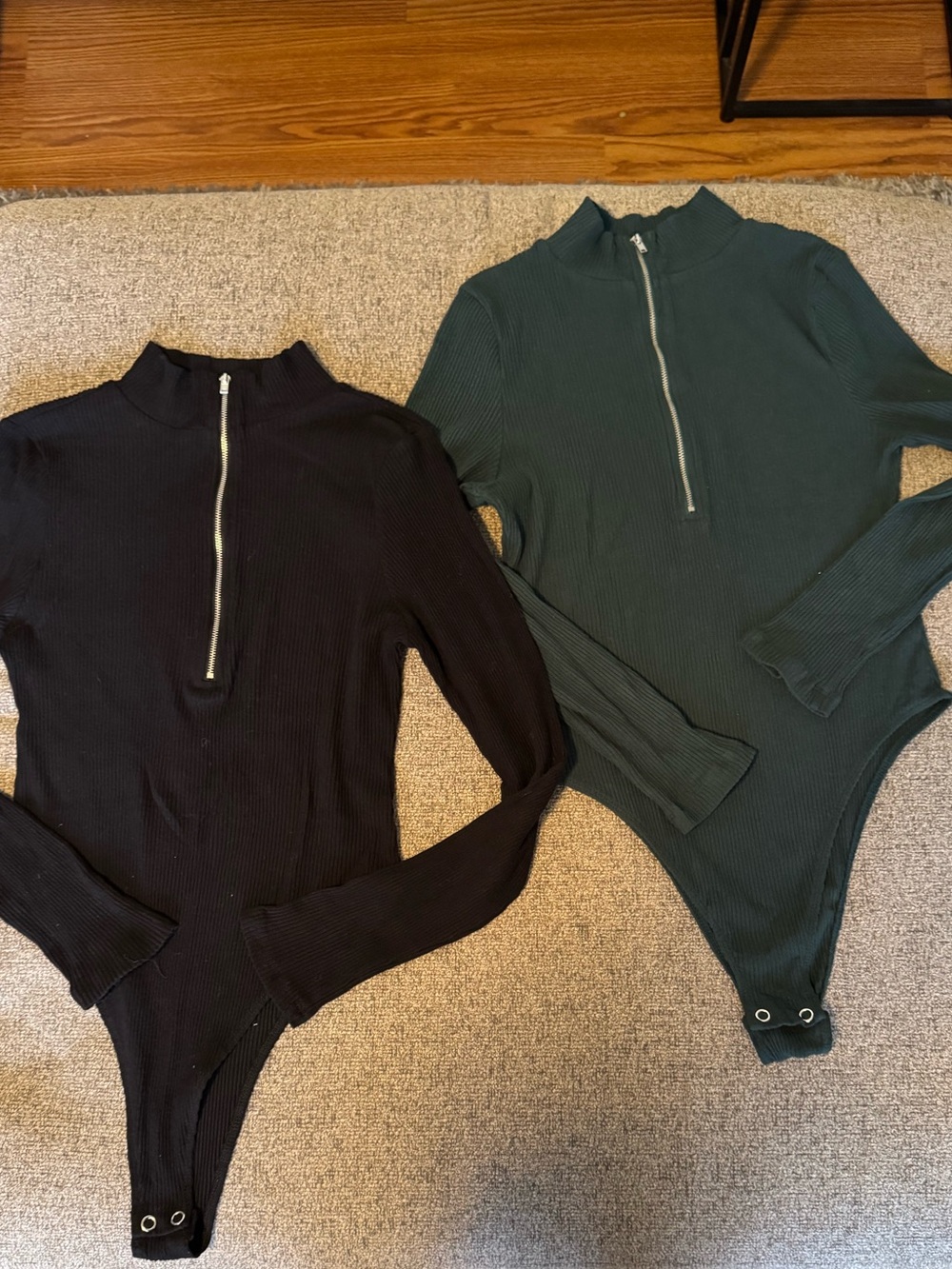 SO Ribbed Half-Zip Bodysuit in Black & Forest Green (two bodysuits)